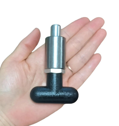 Tough As Nails Steel Spring Loaded Pull Pins With Smooth Action T Handle And Integrated Screw Lock Platform, Heavy Gauge Retractable 3/8 Inch Dowel Plungers For Reliable Positioning And Heavy Side Loads Including Two Pieces held in a hand.