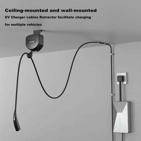 EV Charger Cable Retractor Ceiling Mount Tangle Free Cord Organizer with 11.5ft cord and wall-mounted design for garage use.