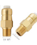 Two brass 1/4 in NPT thermal relief valves for pressure washer pump; front and side views.
