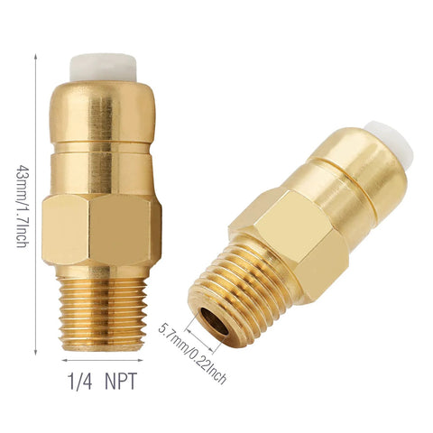 Two brass 1/4 in NPT thermal relief valves for pressure washer pump; front and side views.