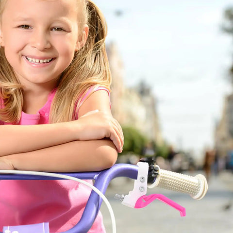 Girl with a bike featuring Kids Bike Brake Lever Set, 2 Pack Universal Brake Handles For Kids Bikes, Rosy Color, Easy Install.