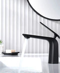 Matte Black Bathroom Sink Faucet With Single Handle, Deck Mount 1 Hole, Brass Body, Ceramic Disc Valve, Aerated Non-Splashing Stream