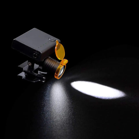 3W LED Headlamp With Filter Clip for Loupes, projecting uniform square spotlight, for dental and medical procedures.
