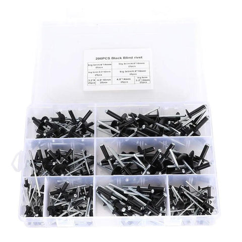 Open case of 200 Piece Aluminum Blind Rivet Kit Assortment For DIY Projects, Lightweight Blind Rivets for Manual Pneumatic and Electric Rivet Guns