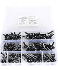 Aluminum Blind Rivet Kit With 200 Piece Assortment In 3.2, 4.0, 4.8mm Sizes, Oxidized Finish, And Storage Box Displayed