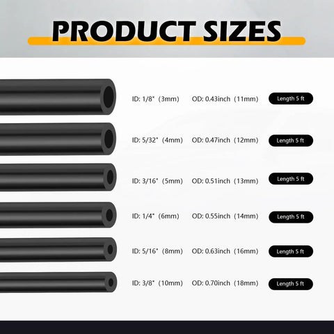 Solid 120 Pc Universal Auto Vacuum Line Kit With 5 Ft Hoses In All Sizes Plus 64 Connectors And Caps For Pro DIY Car Repairs And Quick Fixes, 5 ft hose sizes