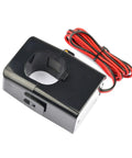 Heavy Duty Split Core Current Transformer With No Sweat Snap On AC Clamp Sensor For EV Chargers Power Grid And 5G Sites showing black sensor with wires.