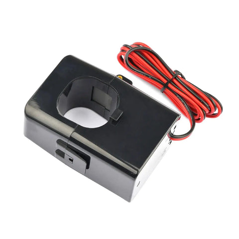 Heavy Duty Split Core Current Transformer With No Sweat Snap On AC Clamp Sensor For EV Chargers Power Grid And 5G Sites showing black sensor with wires.