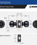 Transitional Privacy Door Knob Set In Matte Black dimensions with measurements for exterior doors with lock, 6 pack.