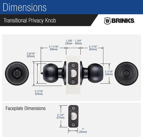 Transitional Privacy Door Knob Set In Matte Black dimensions with measurements for exterior doors with lock, 6 pack.