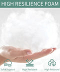 Hand holding high resilience foam, visually demonstrating the filling used in Two Pack Outdoor Throw Pillows 18x18 Inches.