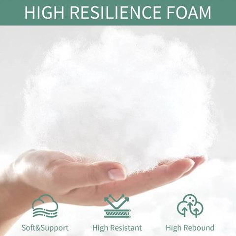 Hand holding high resilience foam, visually demonstrating the filling used in Two Pack Outdoor Throw Pillows 18x18 Inches.