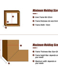 Minimum and maximum molding size chart for Heavy Duty Adjustable Aluminum Right Angle Spline Jig For Serious Woodworkers.