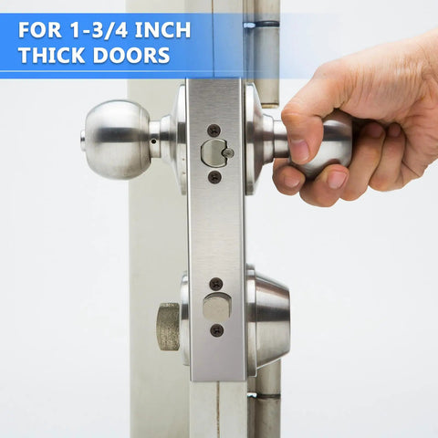Four Pack Door Reinforcement Plates for One and Three Quarters Inch Thick Doors Stainless Steel Jamb Plate With Deadbolt Cover and Latch Reinforcement Two Hole Design to Beef Up Your Home Security installed on door