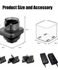 Electric Portafilter Cleaner And Automatic Knock Box Engineered For 58Mm Espresso Machines featuring dimensions and accessories.