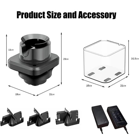 Electric Portafilter Cleaner And Automatic Knock Box Engineered For 58Mm Espresso Machines featuring dimensions and accessories.