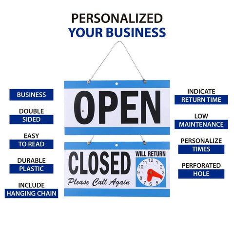 Open Sign Bundle With Business Hours Clock, Will Return Clock, Double Sided Open Closed Sign With Suction Cups, Hanging Chain