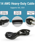 Beefy 15ft Heavy Duty AC Power Cord 14AWG NEMA 5-15P To C13 For PCs And Electronics, Built Tough For Secure Power Connection, Durable Cable With High Current Safety, Multi-Device Compatibility, black 14 AWG cable with 3-prong plug