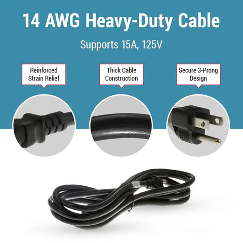 Beefy 15ft Heavy Duty AC Power Cord 14AWG NEMA 5-15P To C13 For PCs And Electronics, Built Tough For Secure Power Connection, Durable Cable With High Current Safety, Multi-Device Compatibility, black 14 AWG cable with 3-prong plug