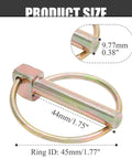 Beefed-Up Heavy Duty Lynch Pin Kit With Ring, Six Pin Set, 3/8 Inch Round Lynch Pins, showing size measurements, for tractors and trailers