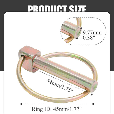 Beefed-Up Heavy Duty Lynch Pin Kit With Ring, Six Pin Set, 3/8 Inch Round Lynch Pins, showing size measurements, for tractors and trailers