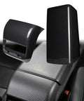 Sharp Matte Carbon Fiber Rear Air Vent Shields Plus Center Console Armrest Pads For Tesla Model Y And Model 3 No Sweat Snap On Abs Upgrade showing two pieces on black leather interior.