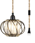Industrial Pendant Light With Crystal Elements And Plug In Cord, 16.4Ft Hemp Rope Hanging Lamp In Black Cage, Farmhouse