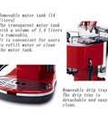 Semi Automatic Espresso Machine And Coffee Brewer With Built In Milk Frother One Point Five Liter Tank For Locking In Fresh Brews Every Single Day In Bold Red, showing removable 1.4 liter water tank.