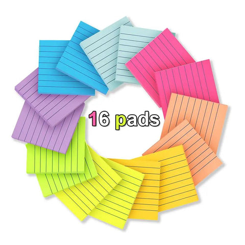 Colorful circle of 16 pads of Lined Sticky Notes 3x3 Inches, 16 Pack With 56 Sheets Per Pad, Super Sticky Adhesive That Stays Put.