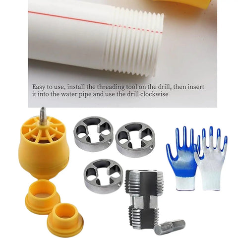 PVC Pipe Threader Kit With Three Die Sizes For Flexible Plumbing Projects, Electric Drill Compatible Threading Tool Set For Quick Install, Stable, Efficient, And Pro Grade For Pros And DIY. PVC threader kit with three dies, drill bit, and threaded pipe sample