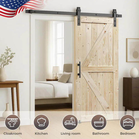 Unfinished Spruce Barn Door 42 In By 84 In With Classic British Brace Modern Style Solid Wood Single Door Ready To Stain Or Paint No Sliding Rail Kit Included Easy Assembly Old School Charm installed in a bright room setting.