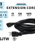 Three Foot Built Tough Extension Cord 12/3 SJTW Black With Grounded 3 Prong Plug Indoor Outdoor Use 15A 125V 1875W
