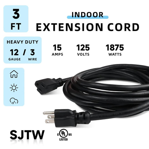 Three Foot Built Tough Extension Cord 12/3 SJTW Black With Grounded 3 Prong Plug Indoor Outdoor Use 15A 125V 1875W