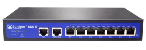 Front view of Juniper Networks SSG 5 device with multiple Ethernet ports and status indicators