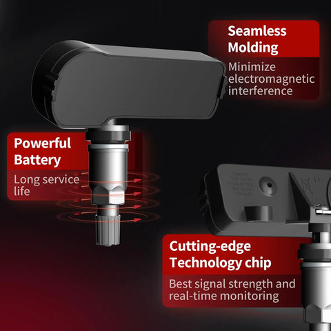 Close-up of Straight Out The Box Preprogrammed Tpms Tire Pressure Sensors for GM, showcasing seamless molding and powerful battery.