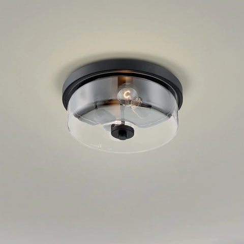 Sommerset Matte Black Two Light Flush Mount Fixture With Clear Glass Shade And Decorative Thumb Screws, Damp Location Rated, cULus Listed