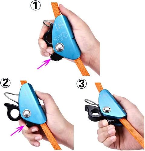 Hand adjusting the arborist lanyard grab on the Tree Climbing Flip Line Kit One Half Inch By Ten Feet With Steel Core Rope.