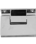 Close-up of tough stainless steel frameless shower glass door hinge, 90 degree opening, fits 8-12mm glass, rust resistant, heavy duty.