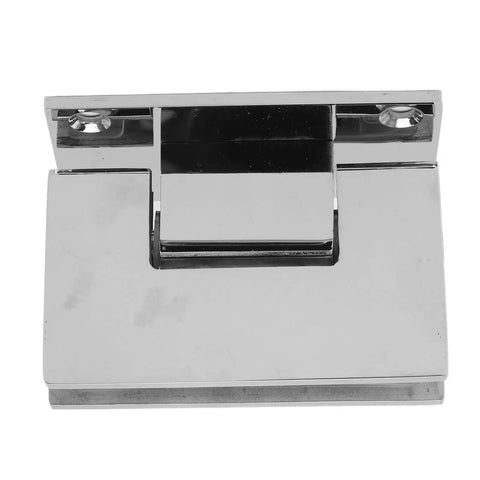 Close-up of tough stainless steel frameless shower glass door hinge, 90 degree opening, fits 8-12mm glass, rust resistant, heavy duty.