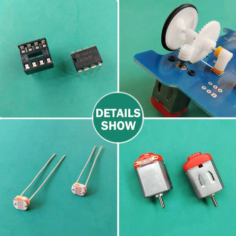 Components of 5 Pack D2-5 Smart Car Kit For Soldering And Line Following Robot Build: circuit parts, motor, sensors, gear assembly.