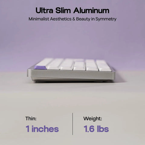 Premium Low Profile Aluminum Mechanical Keyboard With Full Via Programming Hot Swappable Switches Compact One Zero Layout angle showing thin design 1 inch thick and 1.6 lbs weight.