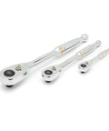 Three Piece Teardrop Ratchet Set With Quick Release 90 Tooth Narrow Low Profile Head For Tight Spots Fits One Quarter Inch Three Eighths Inch And One Half Inch Drive Ball Detent Socket Retention Keeps Sockets Locking In, chrome finish