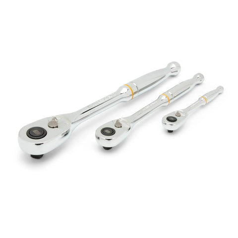 Three Piece Teardrop Ratchet Set With Quick Release 90 Tooth Narrow Low Profile Head For Tight Spots Fits One Quarter Inch Three Eighths Inch And One Half Inch Drive Ball Detent Socket Retention Keeps Sockets Locking In, chrome finish