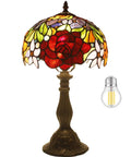 Tiffany Style Stained Glass Table Lamp With Red Rose Shade, Cozy Vintage Bedside Desk Light, 18-Inch Tall, Antique Green Bronze Finish