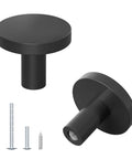 Two Pack Round Cabinet Knobs And Drawer Pulls Matte Black For Bifold Barn Doors, Durable Aluminum Alloy Hardware With Smooth Grip, Easy Install, Must Have For Everyday Home Renovation; matte black round cabinet knob with screws