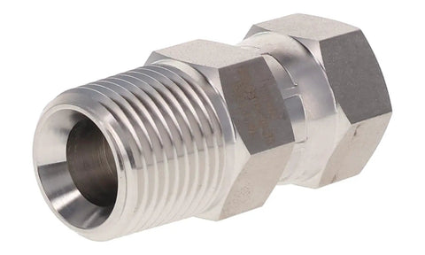 Heavy Duty 316 Stainless Steel 3/4 Inch Male NPT To 37 Degree JIC Swivel Adapter with hex nuts for hydraulic use.