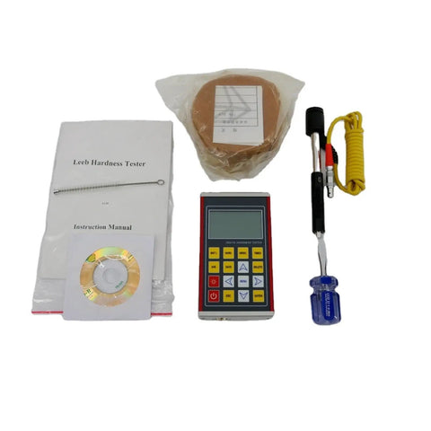 Heavy Duty Digital Metal Hardness Tester Gauge with accessories including manual, calibration weights, and tools for testing.