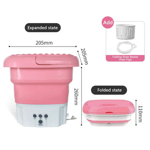 On The Go Portable Mini Foldable Washing Machine With Spin Dryer For Camping, RV And Travel, Easy To Carry Pink in expanded and folded states