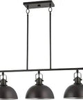 Industrial Linear Island Chandelier with Three Light Farmhouse Pendant Dome Shades in Oil Rubbed Bronze Finish, front view