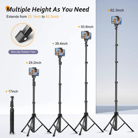 Phone Tripod Kit With Wireless Remote for Smartphones and Cameras showcasing adjustable heights from 17 to 62.3 inches.